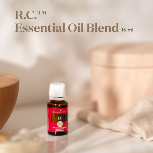 R.C. essential oil blend bottle label close-up