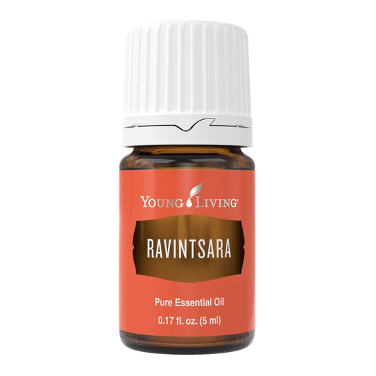 Young Living Ravintsara 5ml bottle close-up for invigorating yoga or meditation aromatherapy.