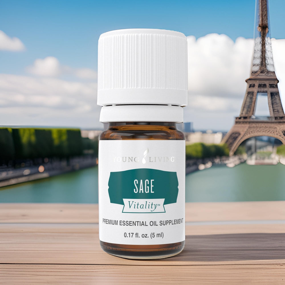 Young Living Sage Vitality ingredient panel shows aroma notes and uses.