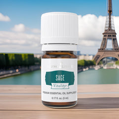 Young Living Sage Vitality ingredient panel shows aroma notes and uses.