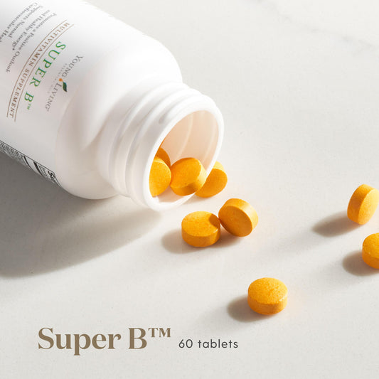 Close-up of Super B Tablets capsules with label visible