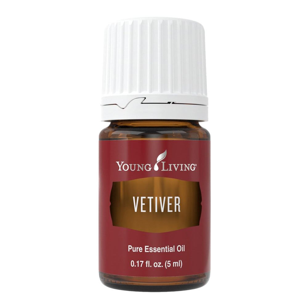 Young Living Vetiver 5ml bottle closeup for grounding aromatherapy use.