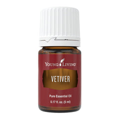 Young Living Vetiver 5ml bottle closeup for grounding aromatherapy use.