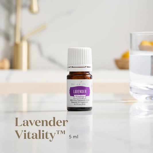 Close-up of lavender essential oil bottle label