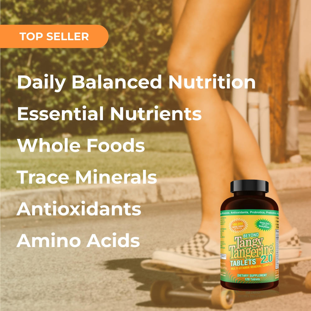 Youngevity Beyond Tangy Tangerine 2.0 vitamin matrix illustration emphasizes comprehensive coverage.
