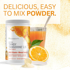 Youngevity Beyond Tangy Tangerine 2.5 ingredient panel showing non-GMO whole foods.