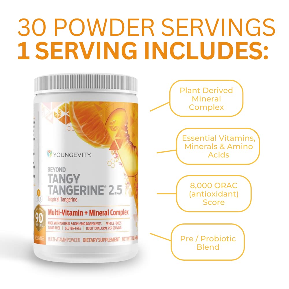 Youngevity Beyond Tangy Tangerine 2.5 label close-up highlighting natural ingredients.