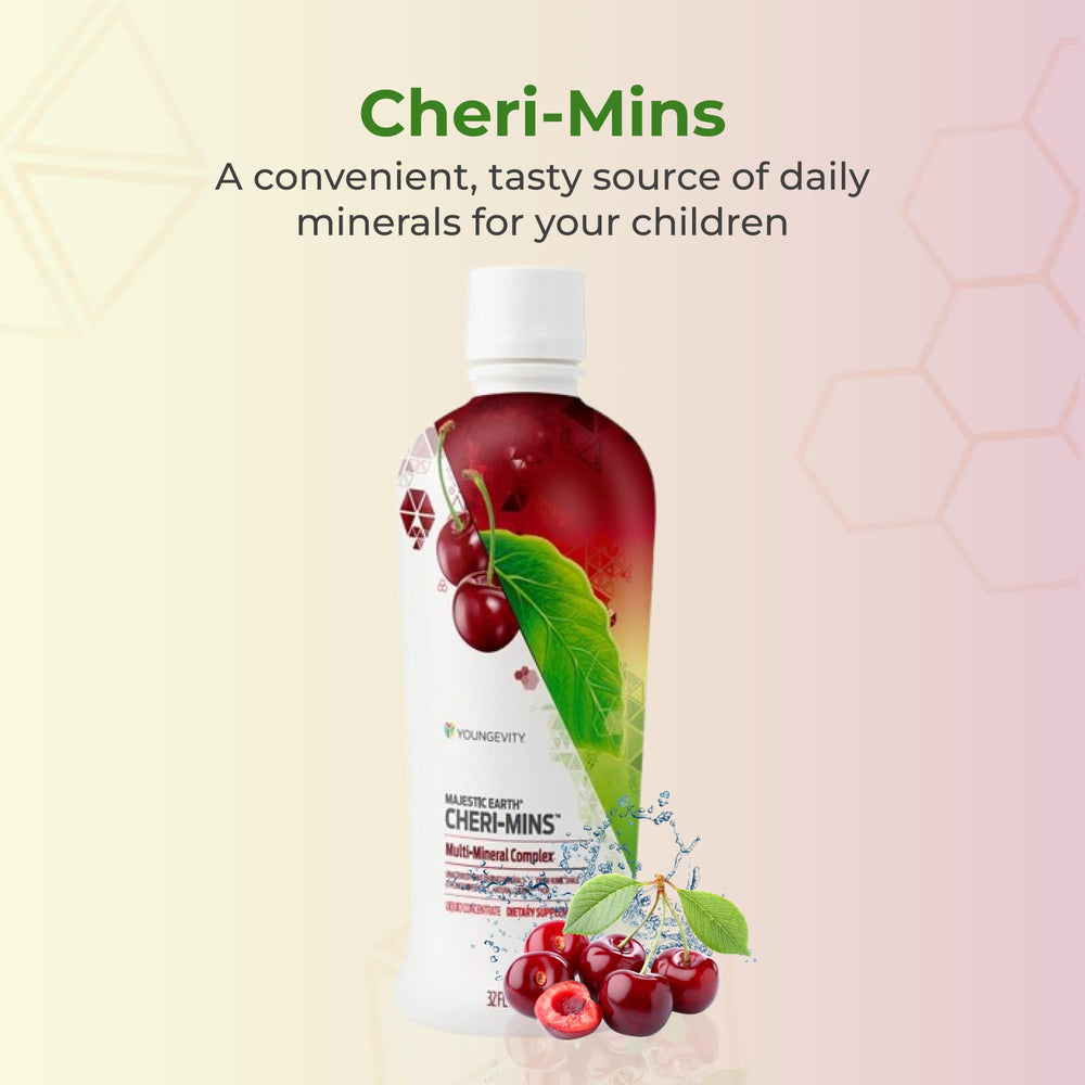Back label with ingredients and directions on Cheri-Mins bottle