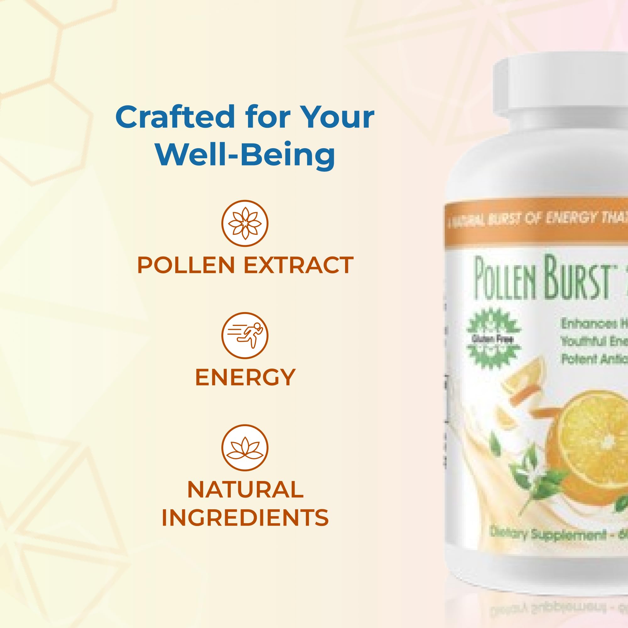 Nutrition supplement scene featuring Pollen Burst Tabs with healthy foods
