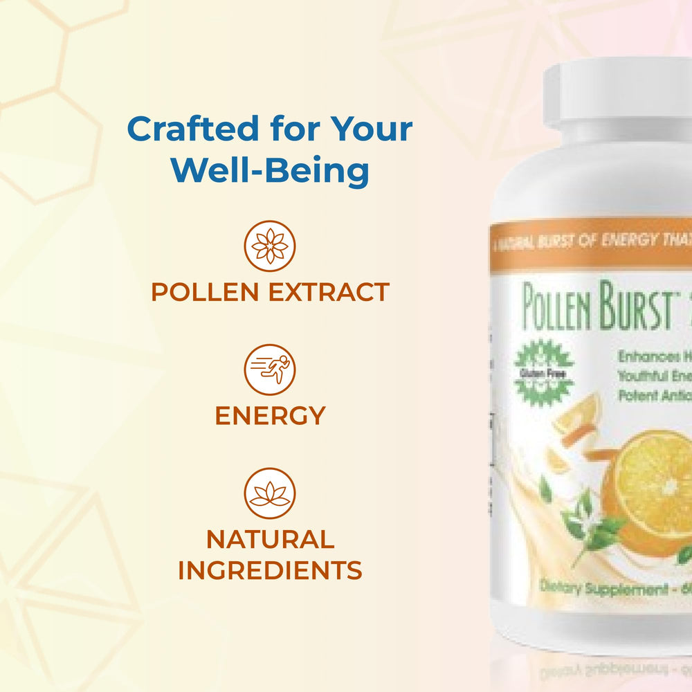 Nutrition supplement scene featuring Pollen Burst Tabs with healthy foods