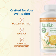 Nutrition supplement scene featuring Pollen Burst Tabs with healthy foods