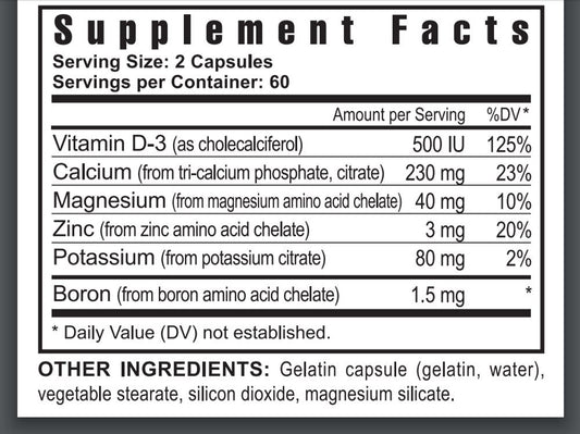 Graphic of Ultimate CAL ingredients and co-factors for optimal calcium absorption and bone health (D-3, magnesium, zinc, potassium, boron)