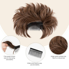 Youngways side comb clip-on bun provides secure, invisible styling.