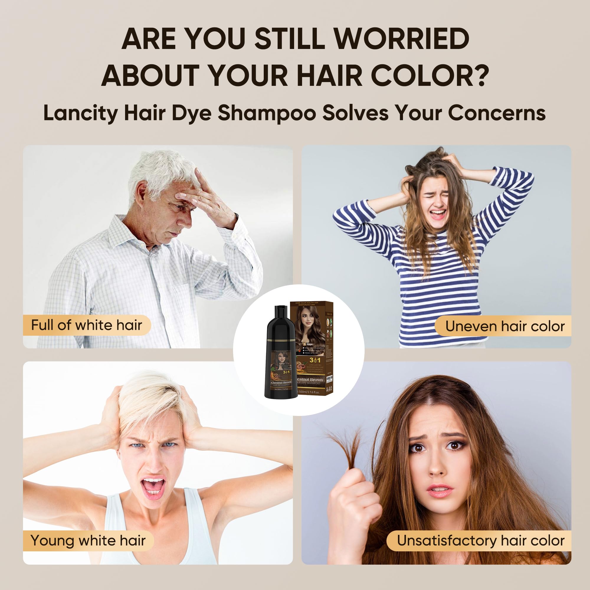 Youpiel Hair Dye Shampoo at-home-use showcases convenient DIY color result.