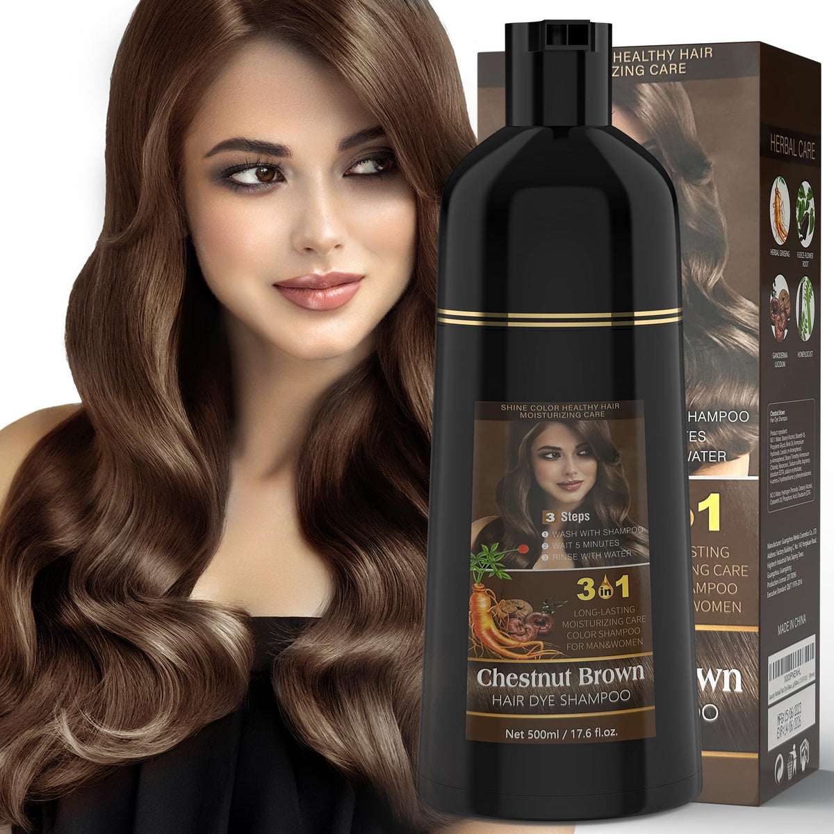 Youpiel Hair Dye Shampoo Chestnut Brown application shows at-home color and nourished strands.