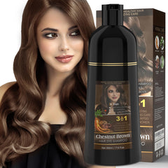 Youpiel Hair Dye Shampoo Chestnut Brown application shows at-home color and nourished strands.