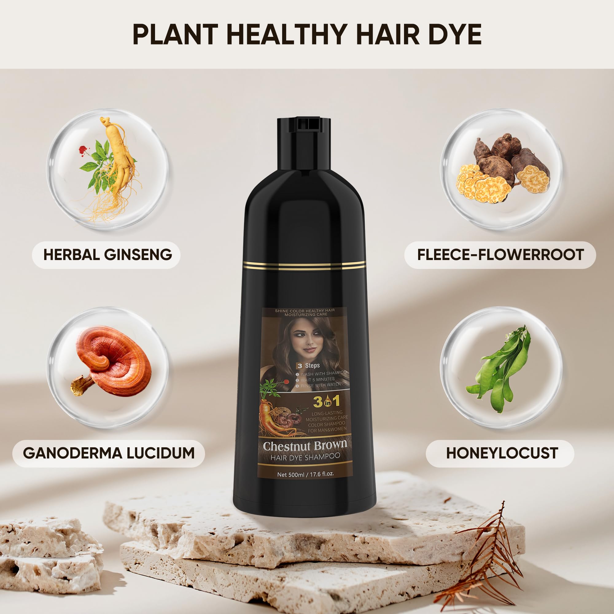 Youpiel Hair Dye Shampoo white hair coverage demonstrates Chestnut Brown shade across grays.