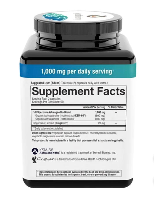 Close-up of Youtheory Ashwagandha 1000mg label with KSM-66