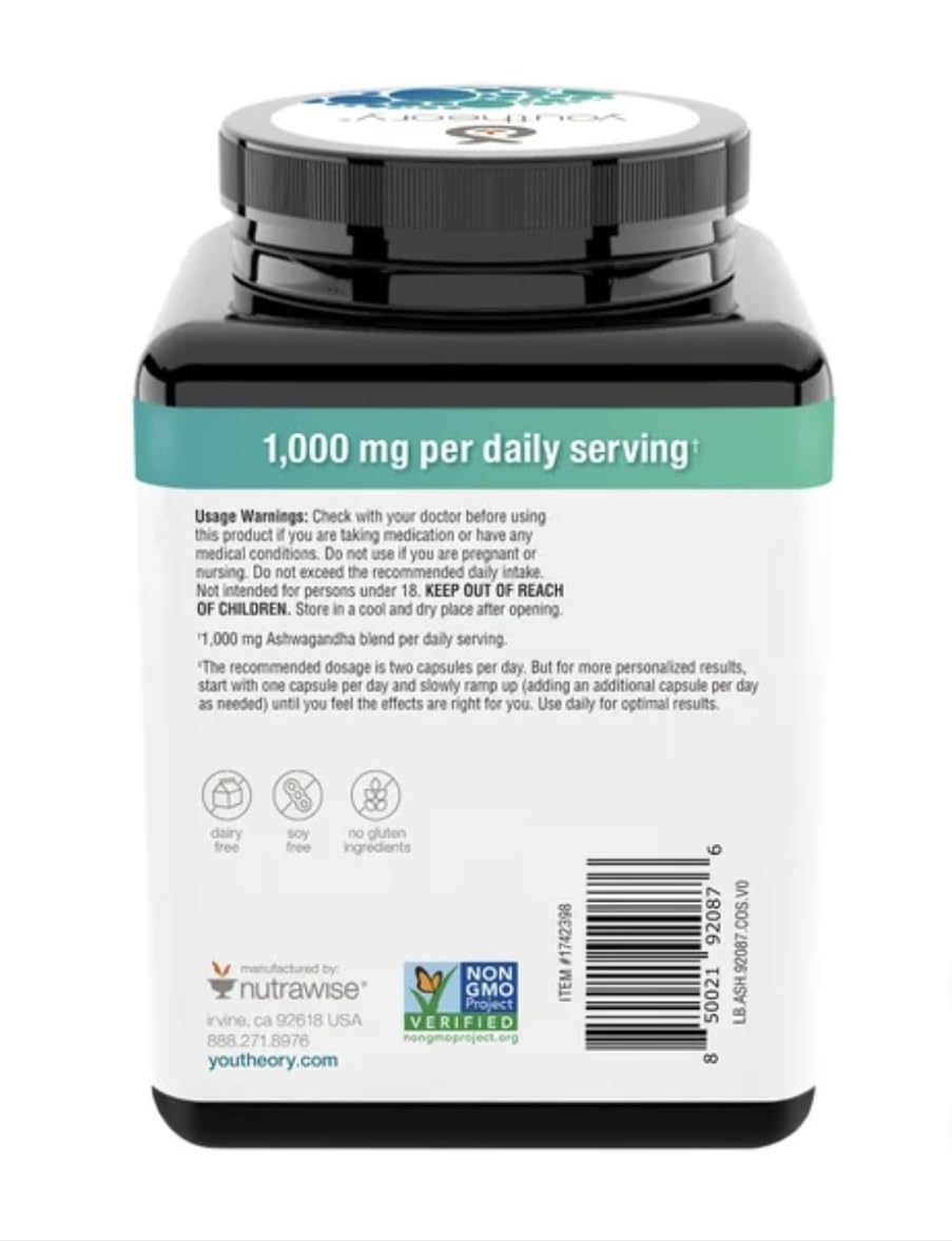 180-capsule bottle shown for Youtheory Ashwagandha 1000mg with KSM-66