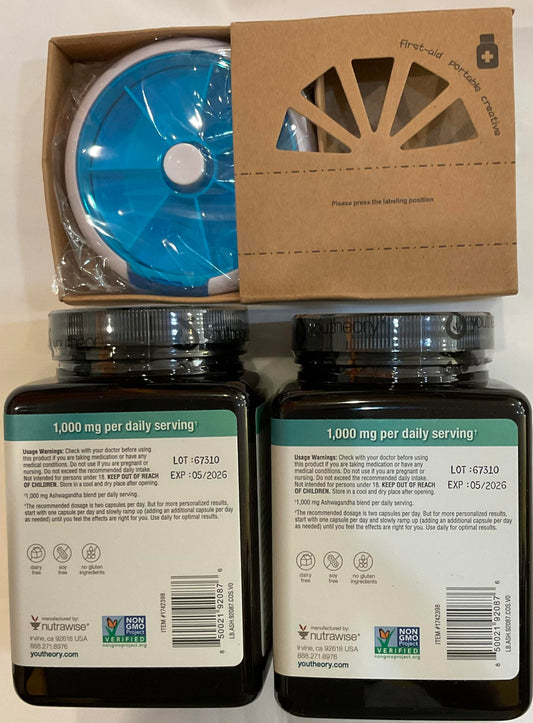 Front view of Youtheory Ashwagandha 1000mg with KSM-66 bottle pack 2