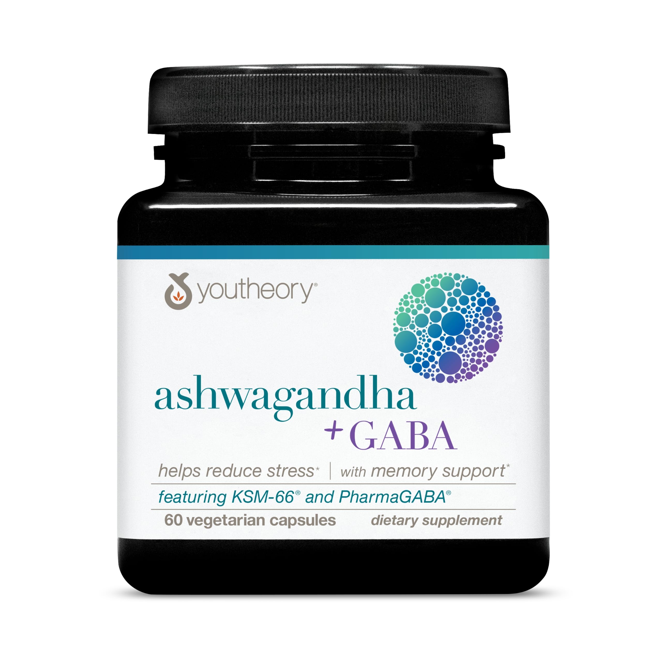 Bottle of Youtheory Ashwagandha + GABA with 60 vegetarian capsules