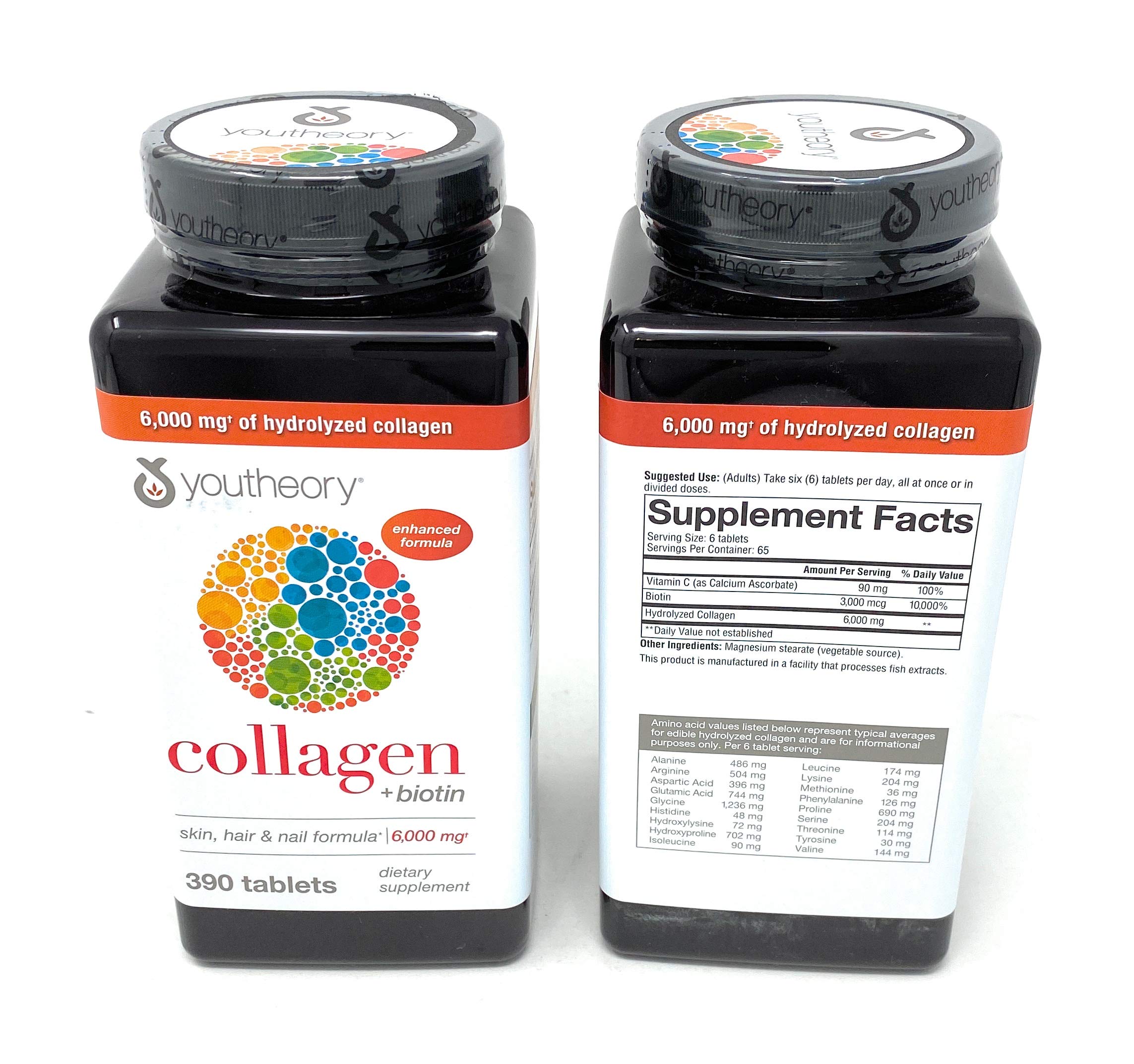 Youtheory Collagen Advanced Formula bottle front showing hydrolyzed collagen and vitamin C details.