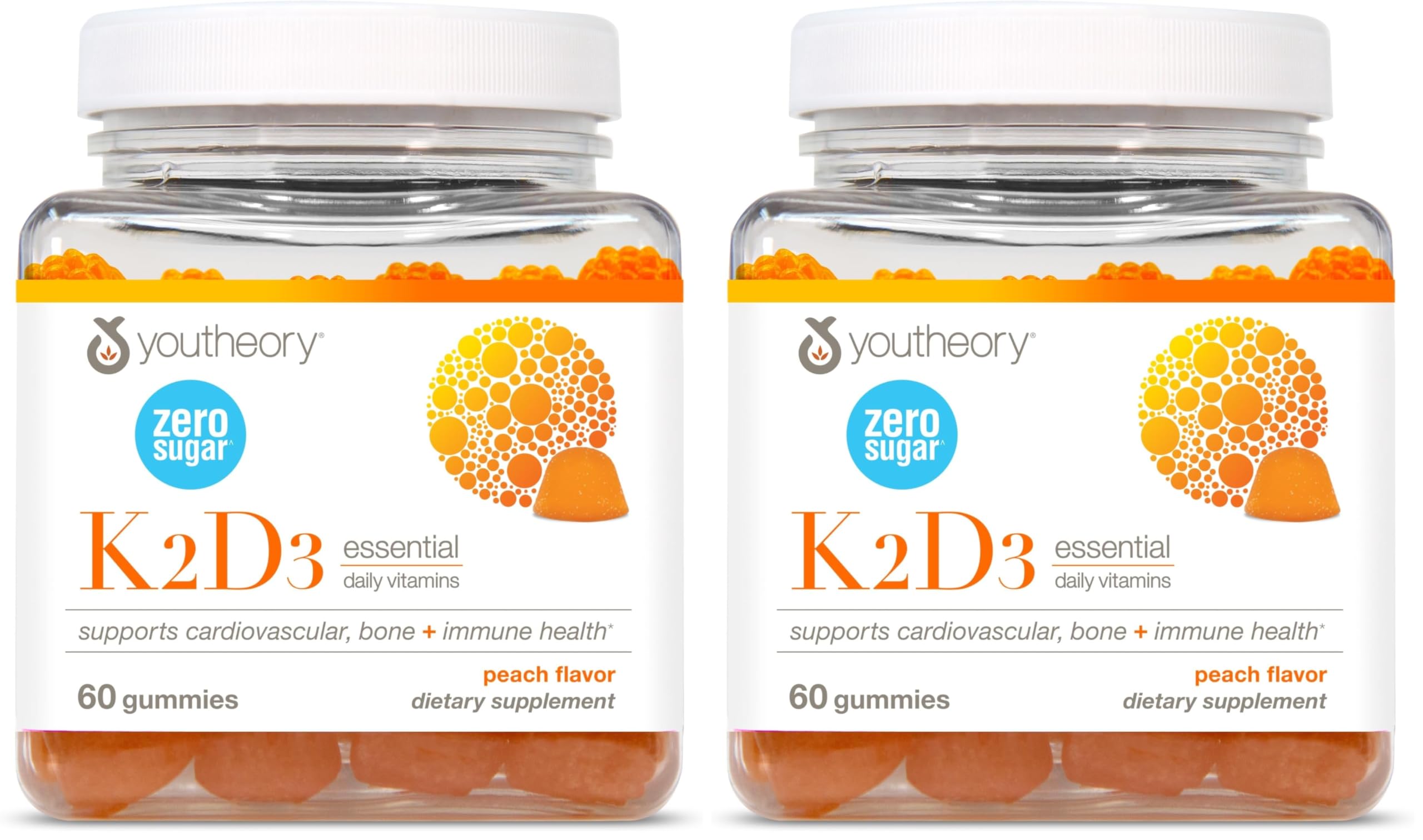 Front view of Youtheory K2D3 Peach Gummies pack