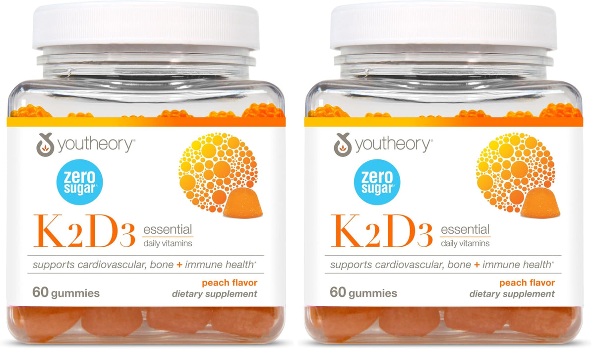 Front view of Youtheory K2D3 Peach Gummies pack
