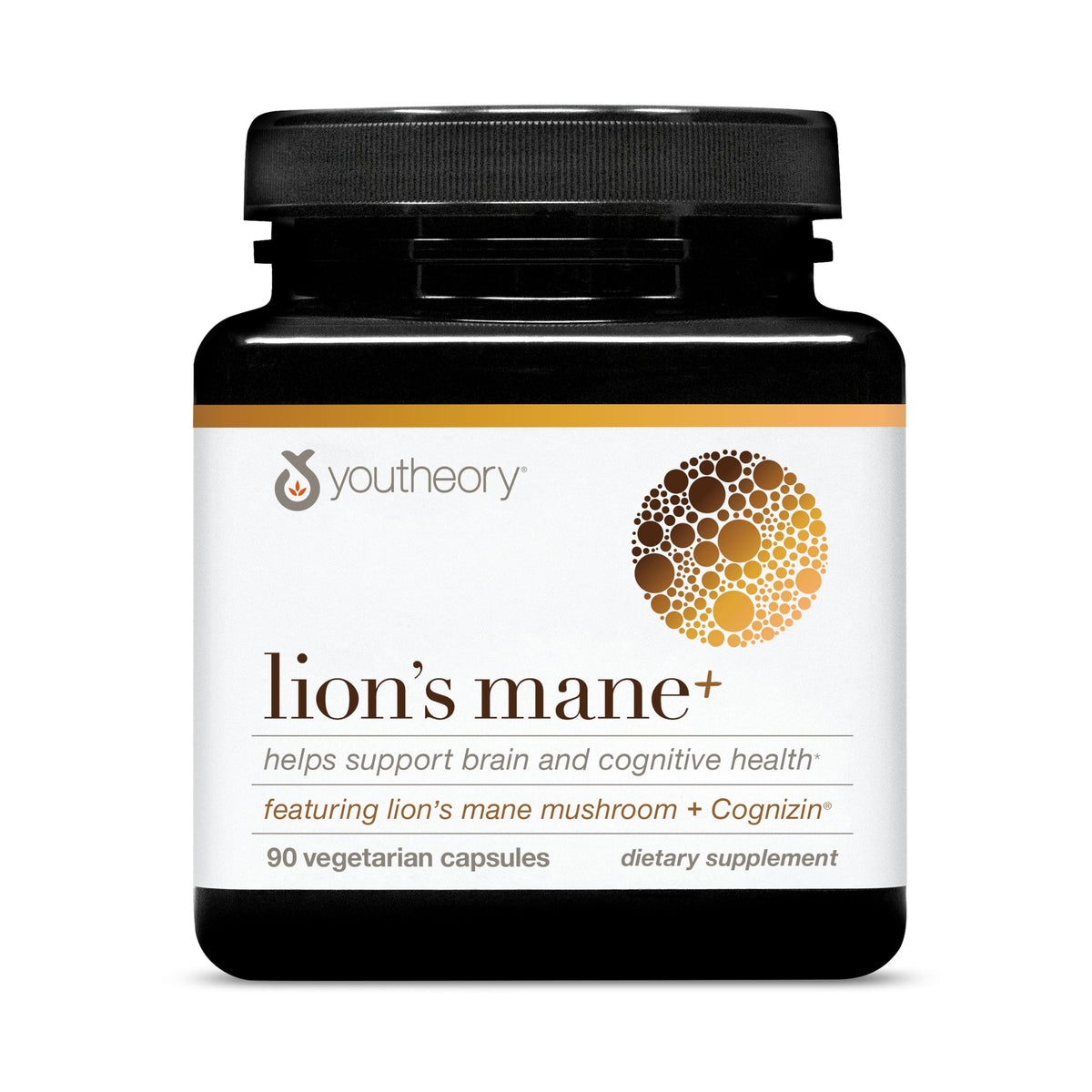 Front view of Youtheory Lion’s Mane+ Capsule bottle