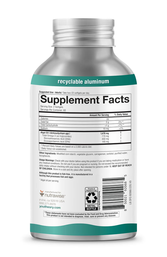 Plant-based algae omega-3 softgels showing EPA and DHA