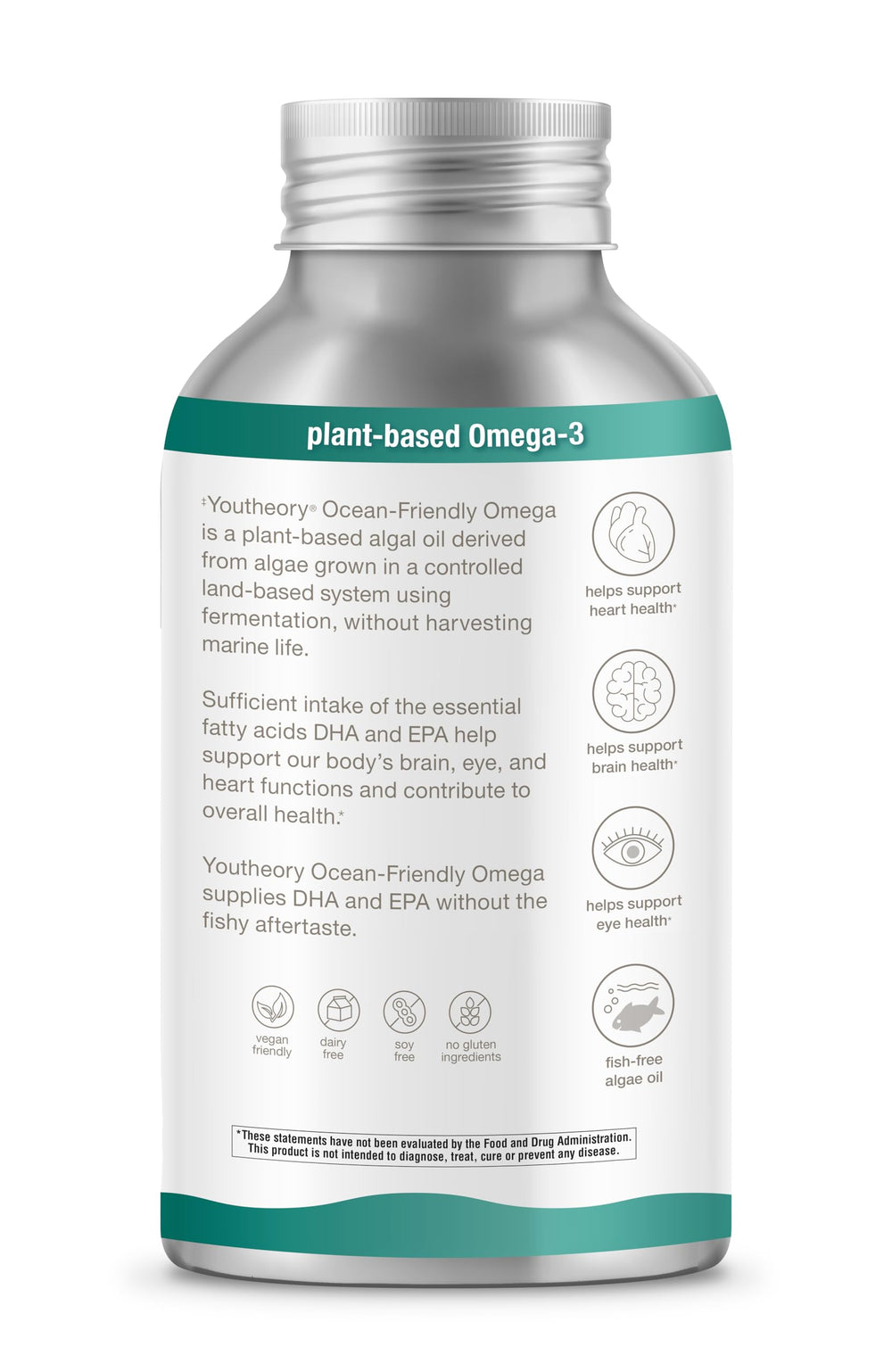 Back of bottle with label highlighting vegan, gluten-free, soy-free and dairy-free features