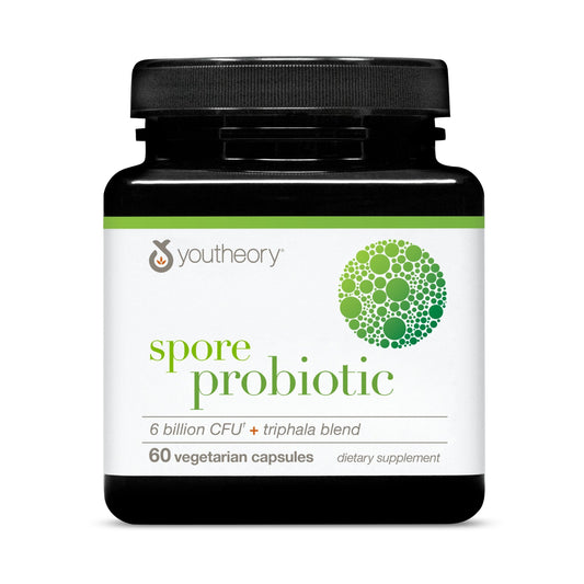 Front view of Youtheory Spore Probiotic bottle with 60 vegetarian capsules