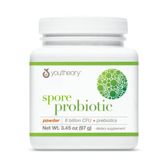 Youtheory Spore Probiotic Powder bottle and 3.45 oz box hero image