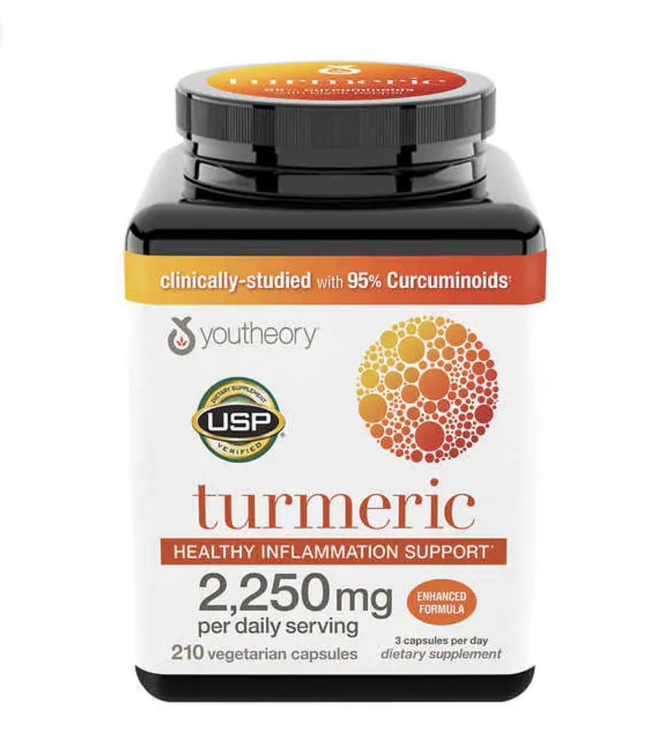 Bottle of Youtheory Turmeric Curcumin with BioPerine, 2250 mg, 210 capsules