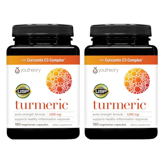 Youtheory Turmeric Extra Strength 1000 mg bottle with two 180-capsule packs