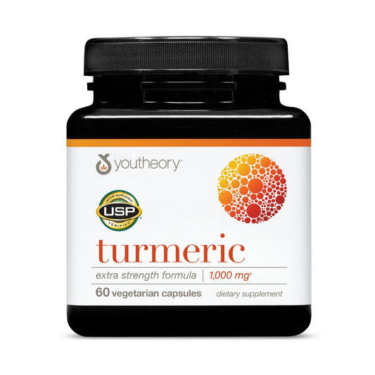 Bottle of Youtheory Turmeric Extra Strength 1000 mg with label