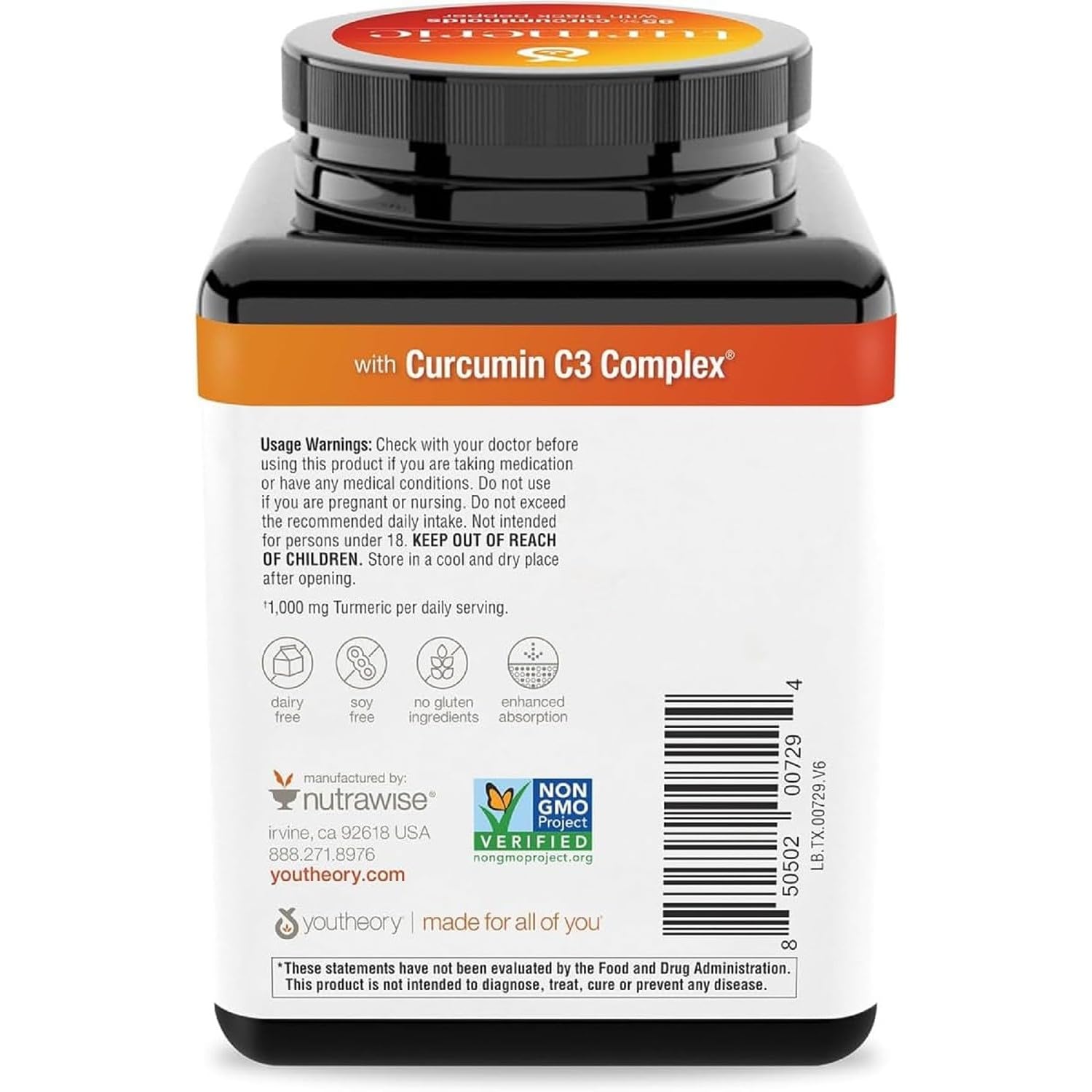 Youtheory Turmeric Extra Strength bottle back label provides ingredient transparency