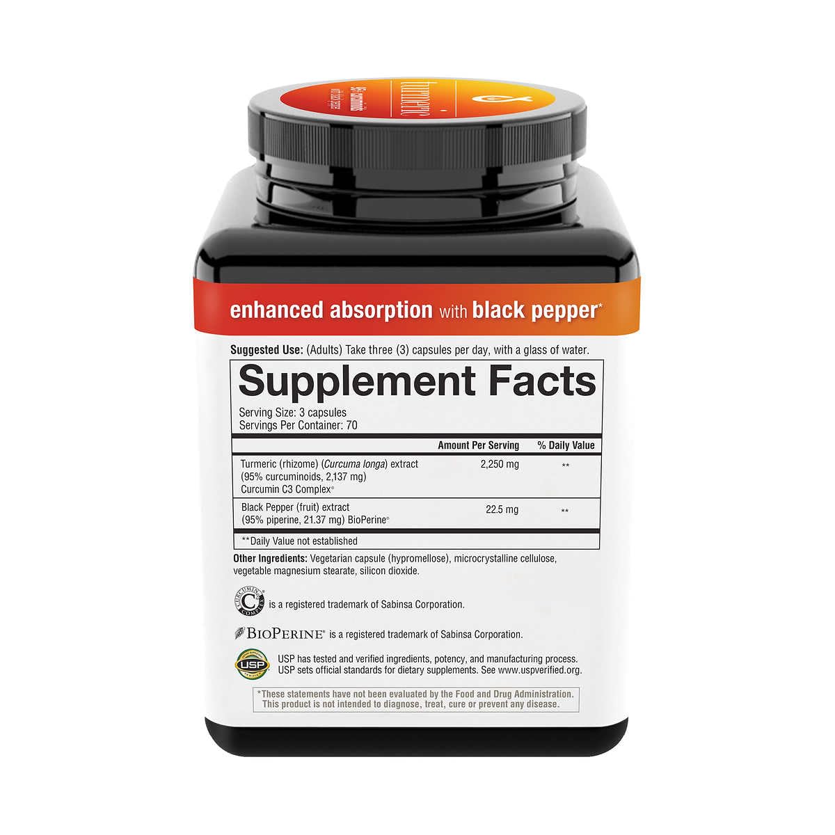 Close-up of Curcumin C3 Complex 95% Curcuminoids with BioPerine ingredients label