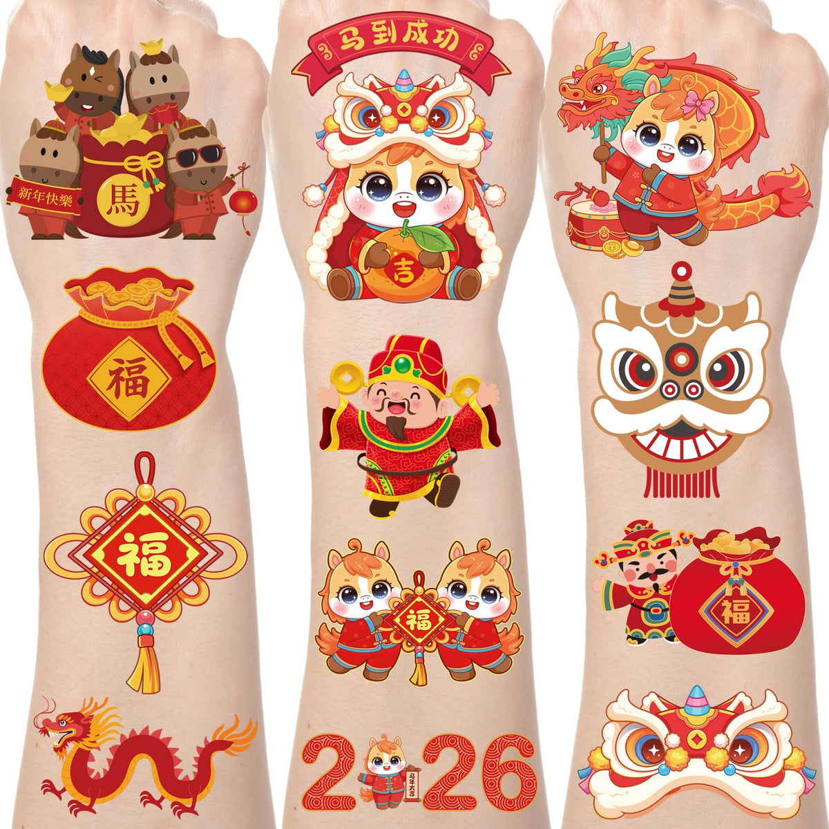 Yoyuspy Chinese New Year tattoos on eight sheets for festive party decor.