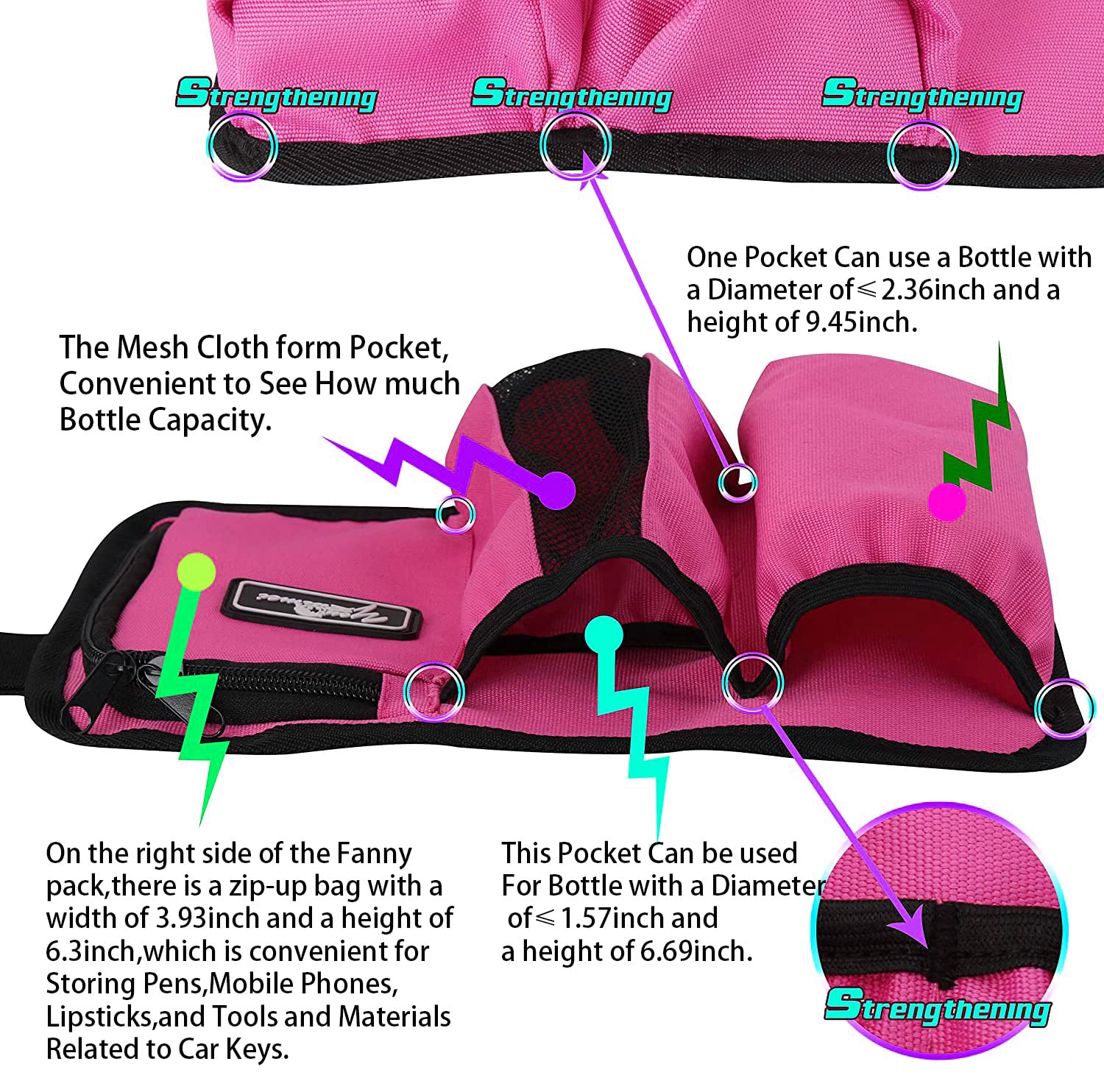 Large front pockets and bottle capacity view on Rose Red bag