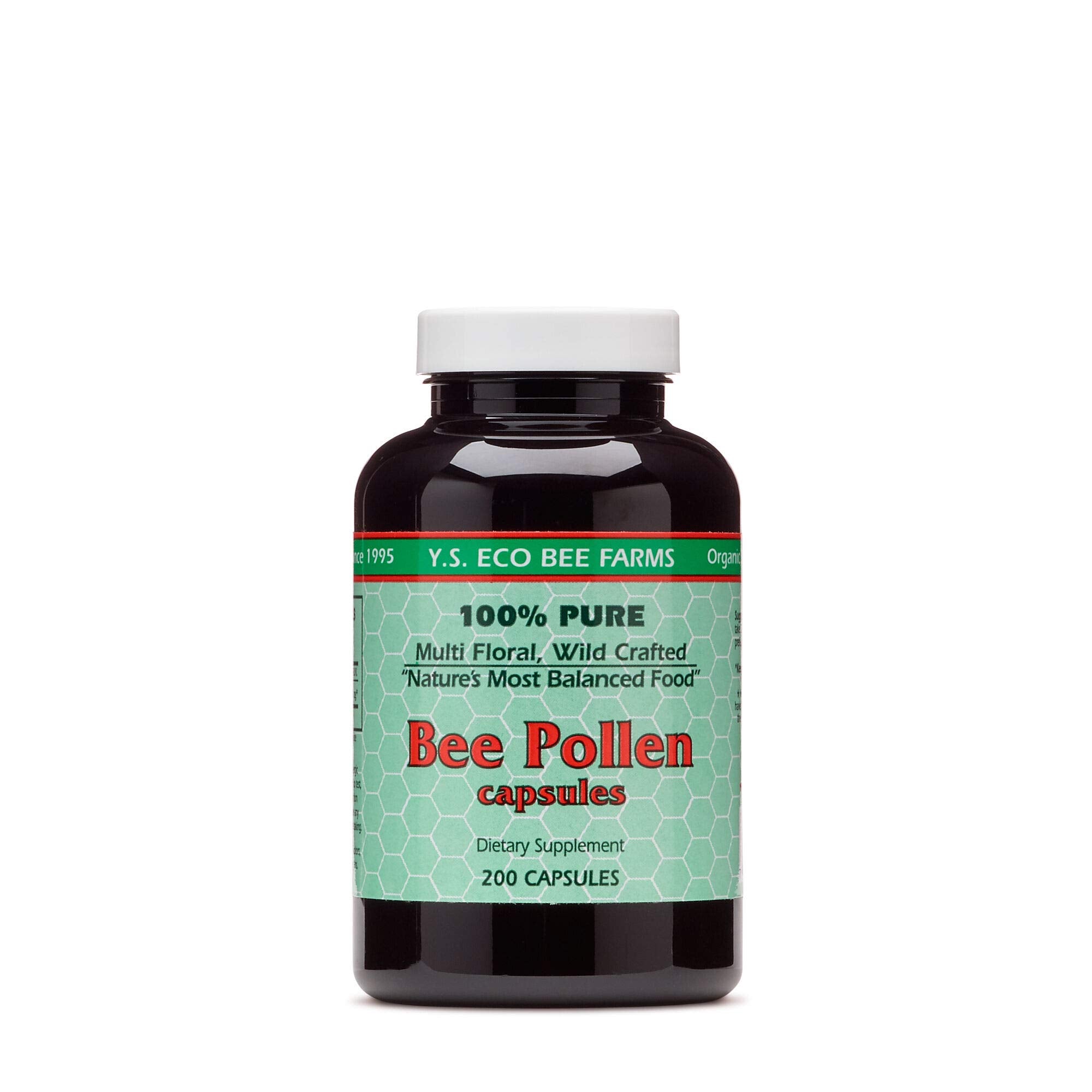 Main image: YS BEE FARMS Bee Pollen bottle with 550 mg capsules