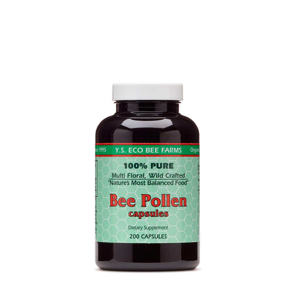 Main image: YS BEE FARMS Bee Pollen bottle with 550 mg capsules