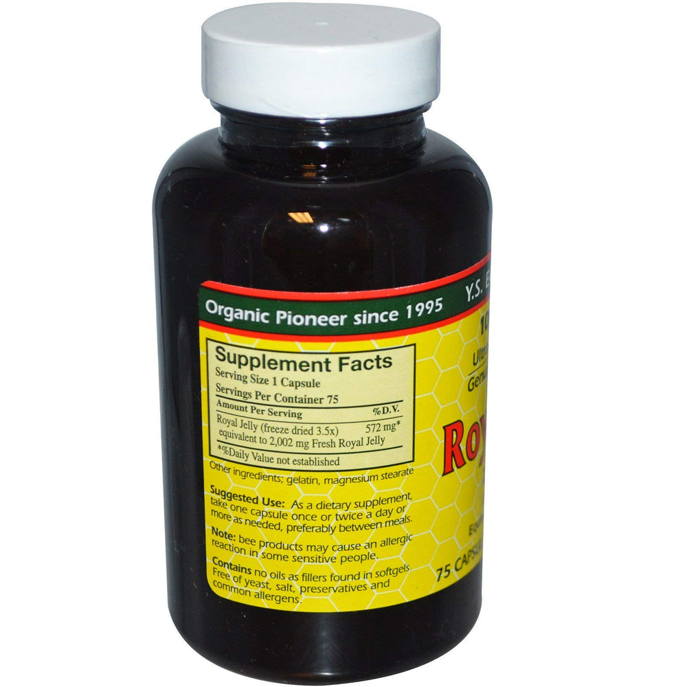 Bottle and packaging of YS BEE Farms Royal Jelly 2000 mg 75-count