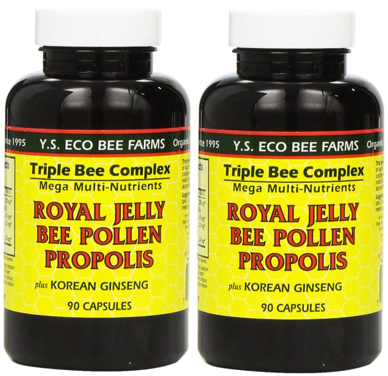 YS Eco Bee Farms Royal Jelly Bee Pollen Propolis plus Korean Ginseng 90 Capsules Pack of 2 bottle label