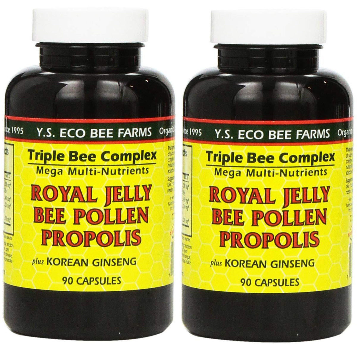 YS Eco Bee Farms Royal Jelly Bee Pollen Propolis plus Korean Ginseng 90 Capsules Pack of 2 bottle label