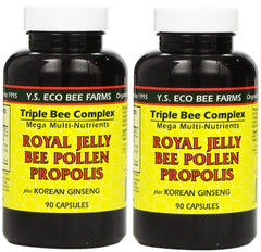 YS Eco Bee Farms Royal Jelly Bee Pollen Propolis plus Korean Ginseng 90 Capsules Pack of 2 bottle label