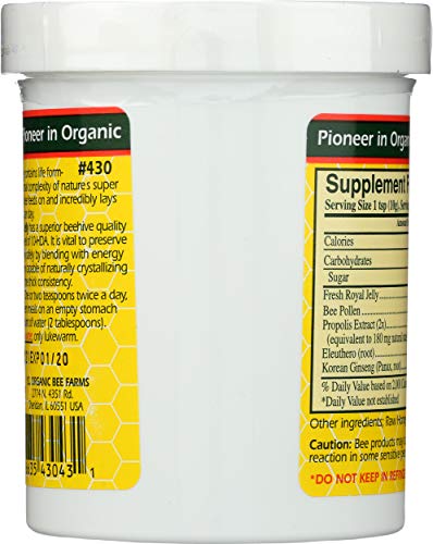 Close-up of jar label showing 625 mg royal jelly per serving