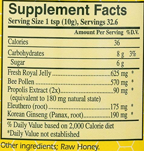 11.5 oz royal jelly honey jar with serving information