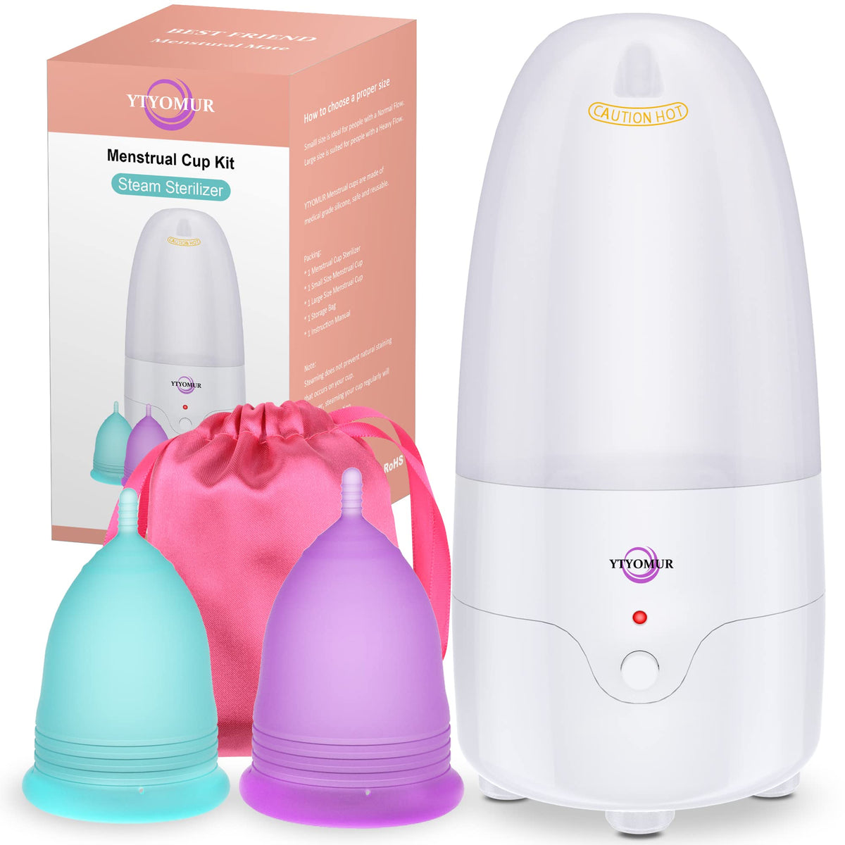 YTYOMUR menstrual cup steamer front view shows compact home-use design