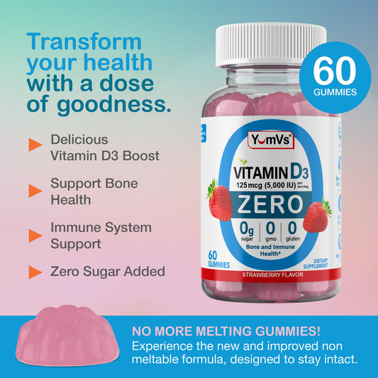 Label close-up showing 125 mcg (5000 IU) potency on Yum-Vs Gummies bottle